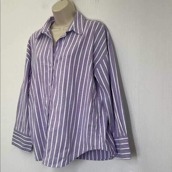 Zara - Purple Striped Collared Button Down Long Sleeve Blouse Size Small - Picture 4 of 9